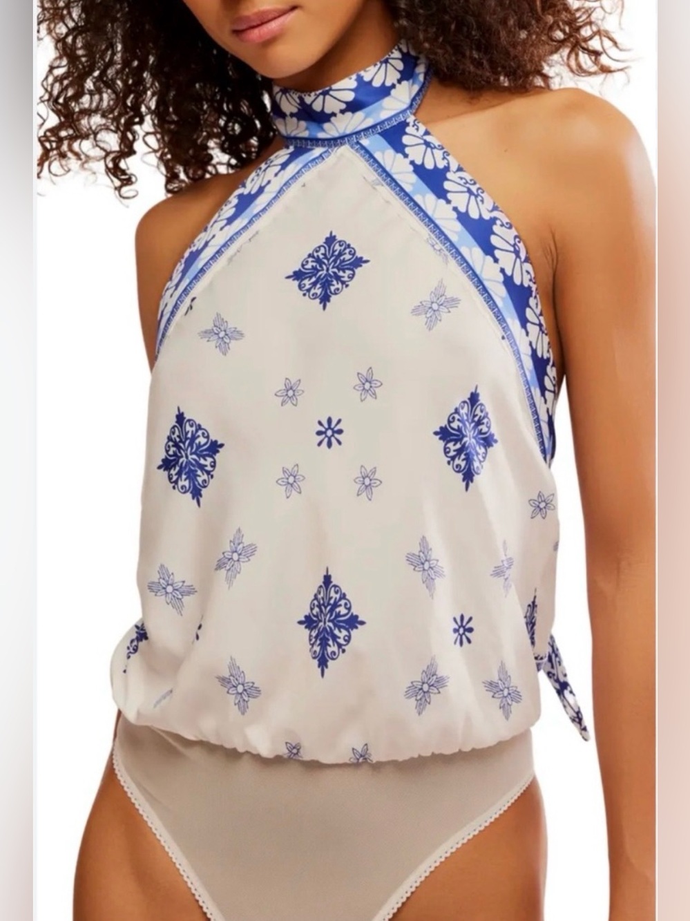 NWT Free People Intimately Blue & White Halter Print Women's Bodysuit